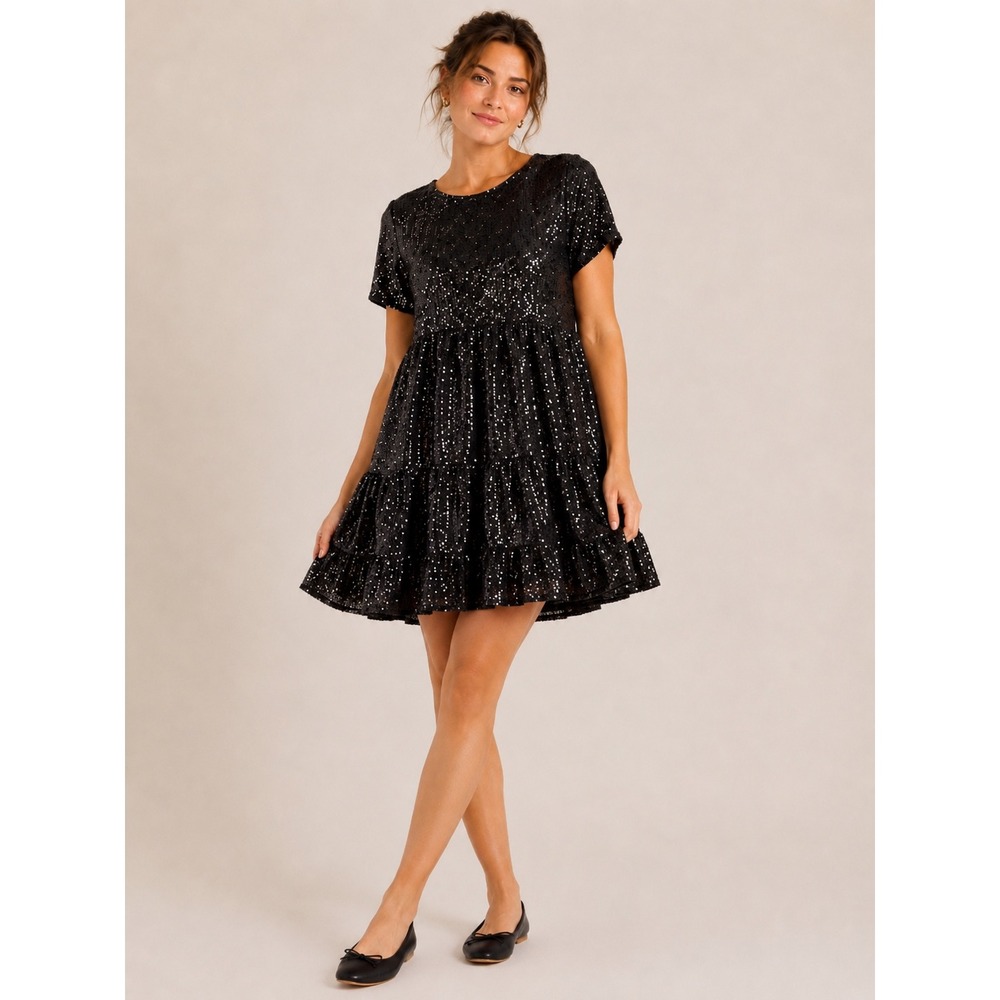 Lulus Womens Sequin Babydoll‎ Tiered Mini Dress L Black Party Sparkle Coquette